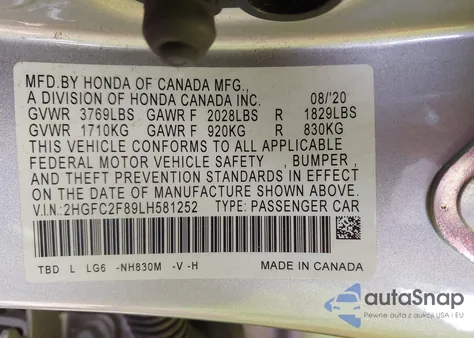 2020 Honda Civic Sport from USA, damaged, VIN 2HGFC2F89LH581252